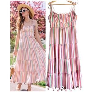 CHICWISH Tiered Rainbow Candies Stripes Maxi Dress Tassels Whimsy Boho Resort L